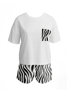 INAWLY Plus Size Women 2pcs/Set Zebra Print Short Sleeve T-Shirt And Shorts, Casual - White - View 4