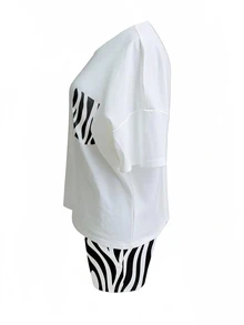 INAWLY Plus Size Women 2pcs/Set Zebra Print Short Sleeve T-Shirt And Shorts, Casual - White - View 3