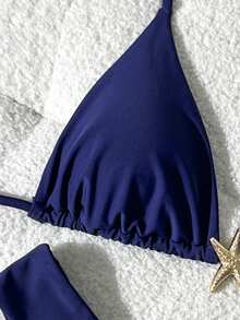 SHEIN Swim Women's Solid Color Spaghetti Strap Metal Decor Sexy Bikini Set, Summer - Blue - View 5