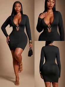 SHEIN SXY Black High Elasticity Knit V-Neck Long Sleeve Slim Fit Mini Dress Fall - Black - View 2