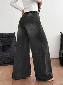 SHEIN 青少年女孩休閒水洗低腰寬腿牛仔褲 - 黑色 - 查看 2