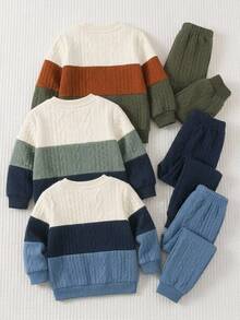 SHEIN Kids Young Boy Loose Casual Minimalist Comfortable Crew Neck Pullover Letter Graphic Jogger Pants Set - Multicolor - View 2