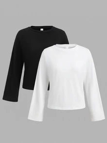 SHEIN تي شيرت كاجوال يومي بأكمام طويلة بلون موحد للفتيات المراهقات 2 قطعة/عبوة - أبيض وأسود - مشاهدة 6