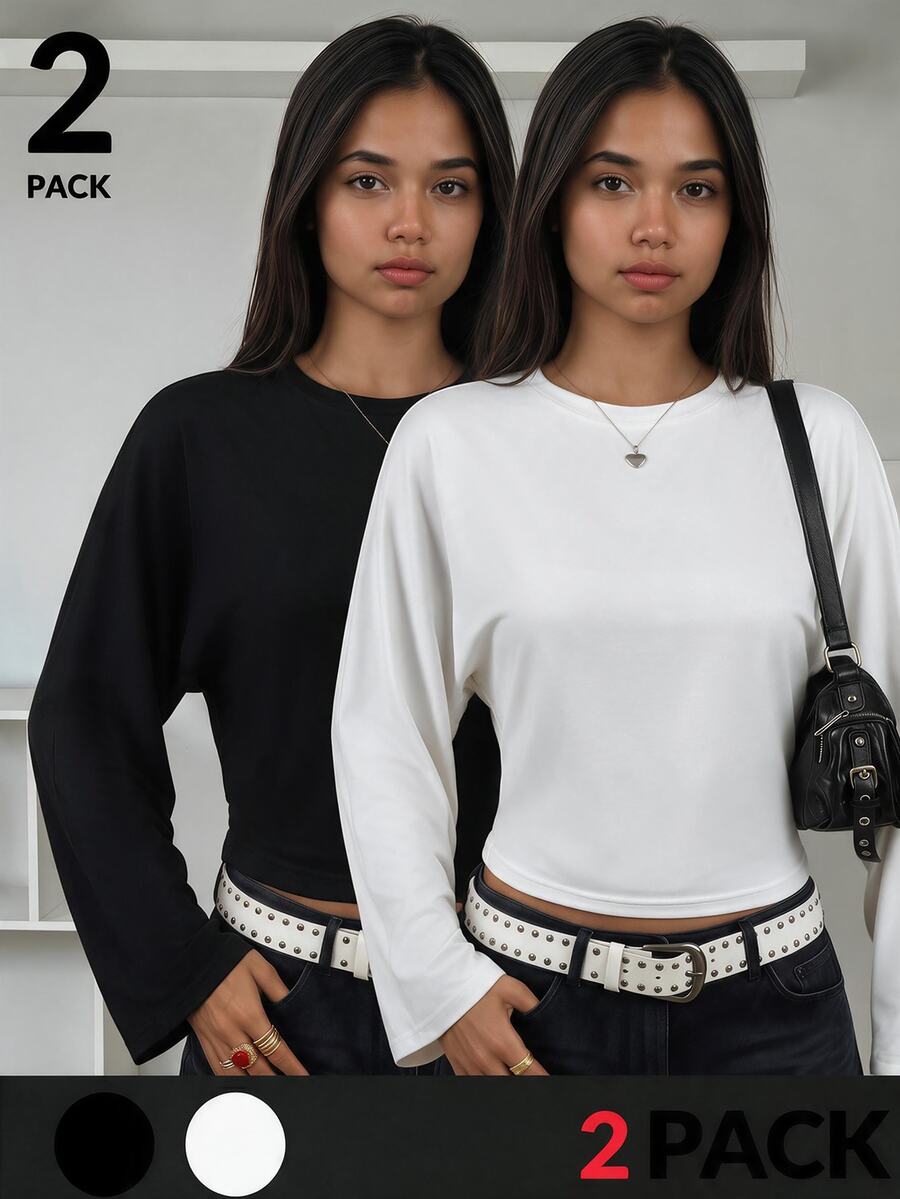 SHEIN تي شيرت كاجوال يومي بأكمام طويلة بلون موحد للفتيات المراهقات 2 قطعة/عبوة - أبيض وأسود - مشاهدة 1