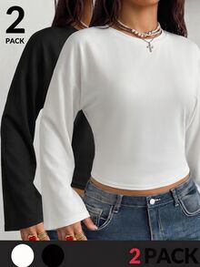 SHEIN تي شيرت كاجوال يومي بأكمام طويلة بلون موحد للفتيات المراهقات 2 قطعة/عبوة - أبيض وأسود - مشاهدة 3