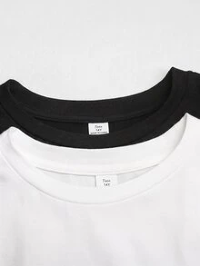 SHEIN تي شيرت كاجوال يومي بأكمام طويلة بلون موحد للفتيات المراهقات 2 قطعة/عبوة - أبيض وأسود - مشاهدة 4