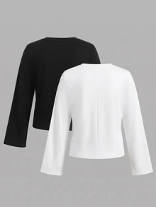 SHEIN تي شيرت كاجوال يومي بأكمام طويلة بلون موحد للفتيات المراهقات 2 قطعة/عبوة - أبيض وأسود - مشاهدة 2