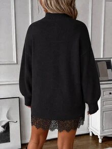SHEIN LUNE CURVE Plus Size Women Fall Winter Elegant Corset Knit Sweater Dress, Stand Collar Lace Splicing Drop Shoulder Lantern Sleeve Dark Green, Formal Date Night - Black - View 5