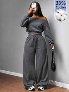Slaydiva Women's 2 Pieces Dark Gray Set, Asymmetrical Shoulder Long Sleeve Sweatshirt + Wide Leg Pants, Casual Sports Outfit For Daily Wear And Dating - Dark Grey - View 1