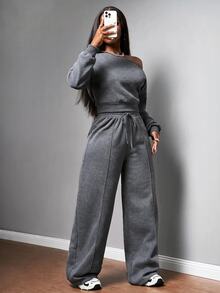Slaydiva Women's 2 Pieces Dark Gray Set, Asymmetrical Shoulder Long Sleeve Sweatshirt + Wide Leg Pants, Casual Sports Outfit For Daily Wear And Dating - Dark Grey - View 5