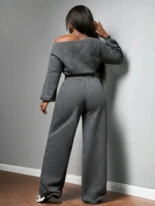 Slaydiva Women's 2 Pieces Dark Gray Set, Asymmetrical Shoulder Long Sleeve Sweatshirt + Wide Leg Pants, Casual Sports Outfit For Daily Wear And Dating - Dark Grey - View 2