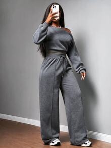 Slaydiva Women's 2 Pieces Dark Gray Set, Asymmetrical Shoulder Long Sleeve Sweatshirt + Wide Leg Pants, Casual Sports Outfit For Daily Wear And Dating - Dark Grey - View 4