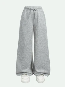 SHEIN Kids Tween Girls Autumn/Winter Light Grey Thermal Lined Casual Drawstring Waist Loose Fit Sweatpants - Light Grey - View 2