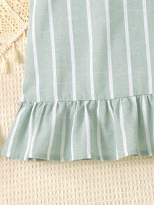 SHEIN Young Girl Vacation Casual Fashion Woven Green Striped Round Neck Sleeveless Ruched A-Line Dress Young GirlS - Green - View 5
