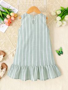 SHEIN Young Girl Vacation Casual Fashion Woven Green Striped Round Neck Sleeveless Ruched A-Line Dress Young GirlS - Green - View 2