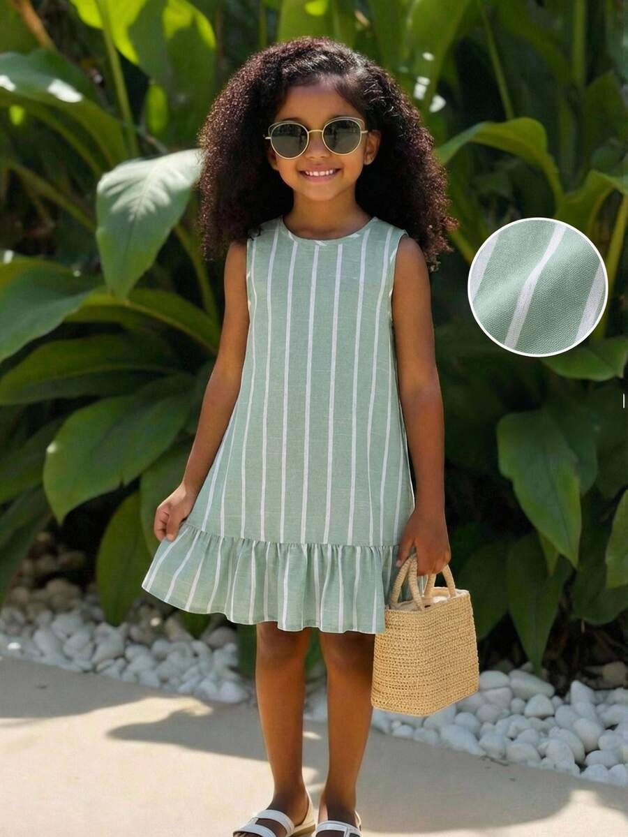 SHEIN Young Girl Vacation Casual Fashion Woven Green Striped Round Neck Sleeveless Ruched A-Line Dress Young GirlS - Green - View 1