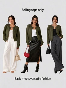 SHEIN BASICS 女款復古休閒純色單排扣長袖針織開襟衫 辦公日常上學商務 橄欖綠 秋冬 - 軍綠色 - 查看 9