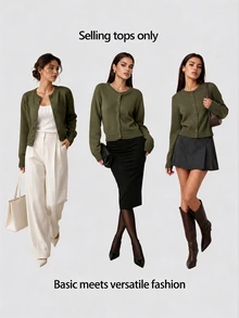 SHEIN BASICS 女款復古休閒純色單排扣長袖針織開襟衫 辦公日常上學商務 橄欖綠 秋冬 - 軍綠色 - 查看 10