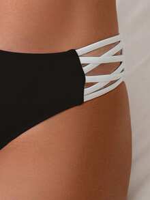 SHEIN Swim Women's Summer Beach Vacation Colorblock Crisscross Strap Bikini Bottom Black - Black and White - View 4