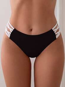 SHEIN Swim Women's Summer Beach Vacation Colorblock Crisscross Strap Bikini Bottom Black - Black and White - View 3