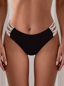 SHEIN Swim Women's Summer Beach Vacation Colorblock Crisscross Strap Bikini Bottom Black - Black and White - View 1