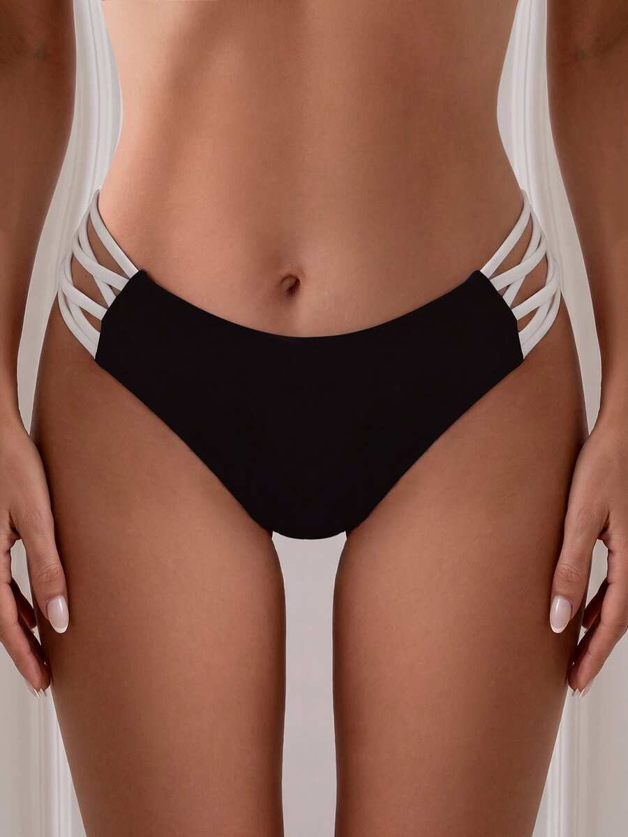SHEIN Swim Women's Summer Beach Vacation Colorblock Crisscross Strap Bikini Bottom Black - Black and White - View 1
