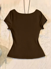 IslaSuriya Plus Size Women's Solid Color Sweetheart Neck Front Knot Casual T-Shirt - Coffee Brown - View 2