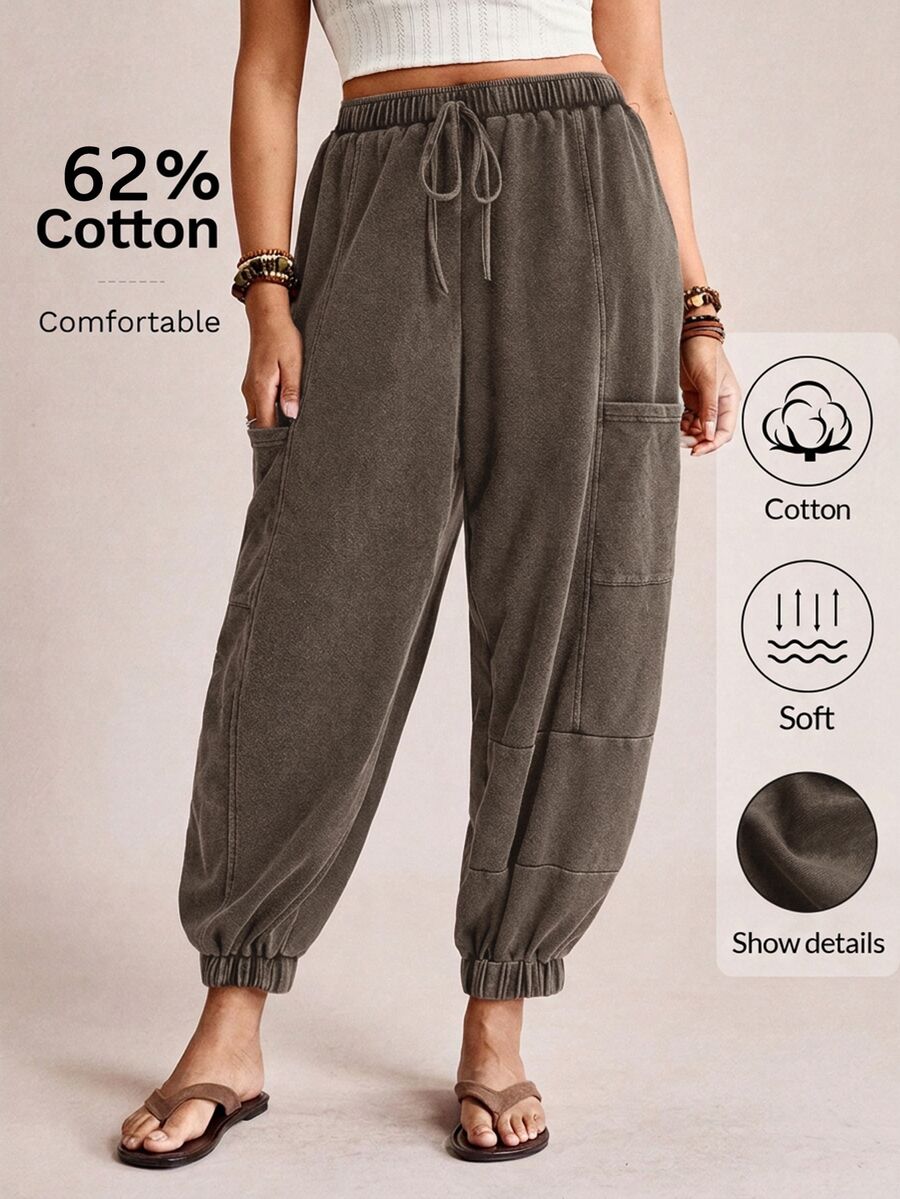 Freevana Plus Size Casual Alternative Drawstring Waist Pocket Cuffed Pants Autumn Formal Home Wear Beach Gray - Coffee Brown - View 1