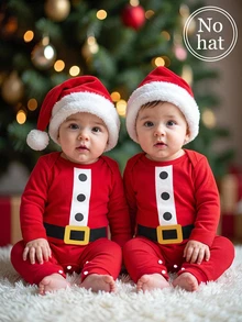 SHEIN Newborn Baby Button Waist Pattern Print Long Sleeve One-Piece Long Autumn Pants Loungewear - Red - View 8