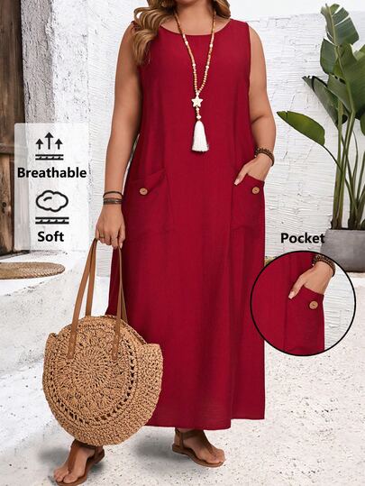 EMERY ROSE Plus Size Women Solid Color Sleeveless Casual Traditional Boho Shift Dress With Pockets,Spring/Summer/Vacation Vacation Red