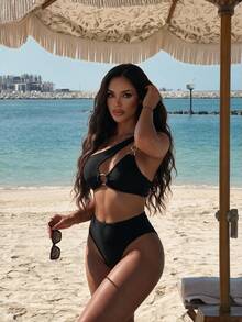 SHEIN Swim Ladies' Hollow-Out One Shoulder Sexy Monokini Bikini Set With Chain Link, Summer Beach - Black - View 9