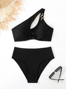 SHEIN Swim Ladies' Hollow-Out One Shoulder Sexy Monokini Bikini Set With Chain Link, Summer Beach - Black - View 7