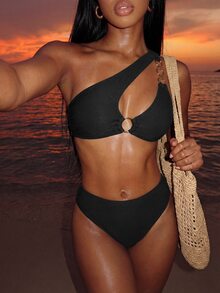 SHEIN Swim Ladies' Hollow-Out One Shoulder Sexy Monokini Bikini Set With Chain Link, Summer Beach - Black - View 5