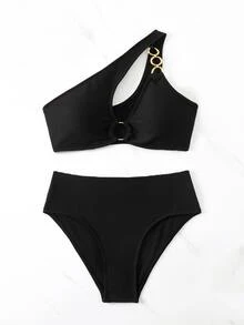 SHEIN Swim Ladies' Hollow-Out One Shoulder Sexy Monokini Bikini Set With Chain Link, Summer Beach - Black - View 8