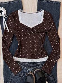 SHEIN Teen Girls Teen Girl Lace Trim Patchwork Contrast Color Brown Polka Dot Long Sleeve T-Shirt Ball Formal Spring Cute - Brown - View 5