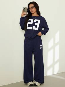 SHEIN PETITE 2件組女款休閒數字印花長袖上衣與長褲套裝 Y2K，適合嬌小女性 - 藏蓝色 - 查看 8