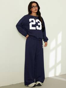 SHEIN PETITE 2件組女款休閒數字印花長袖上衣與長褲套裝 Y2K，適合嬌小女性 - 藏蓝色 - 查看 4