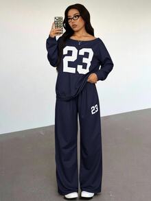 SHEIN PETITE 2件組女款休閒數字印花長袖上衣與長褲套裝 Y2K，適合嬌小女性 - 藏蓝色 - 查看 1