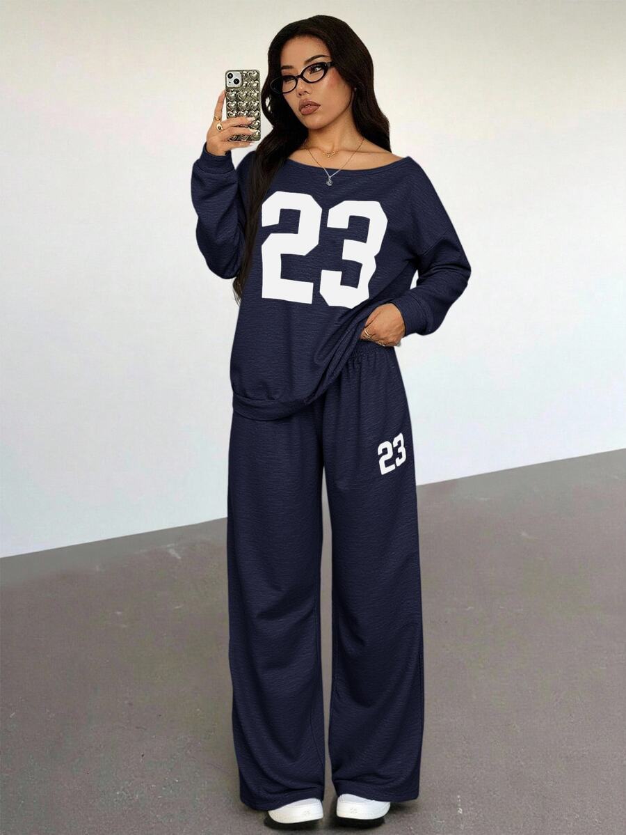 SHEIN PETITE 2件組女款休閒數字印花長袖上衣與長褲套裝 Y2K,適合嬌小女性 - 藏蓝色 - 查看 1