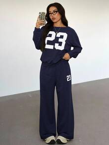 SHEIN PETITE 2件組女款休閒數字印花長袖上衣與長褲套裝 Y2K，適合嬌小女性 - 藏蓝色 - 查看 9