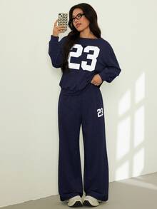 SHEIN PETITE 2件組女款休閒數字印花長袖上衣與長褲套裝 Y2K，適合嬌小女性 - 藏蓝色 - 查看 3