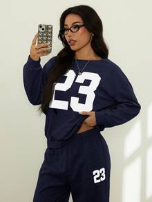 SHEIN PETITE 2件組女款休閒數字印花長袖上衣與長褲套裝 Y2K，適合嬌小女性 - 藏蓝色 - 查看 10