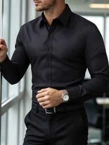 Calvornis Men's Plaid Single-Breasted Casual Commute Long Sleeve Shirt, Formal, Old Money - Black - View 1