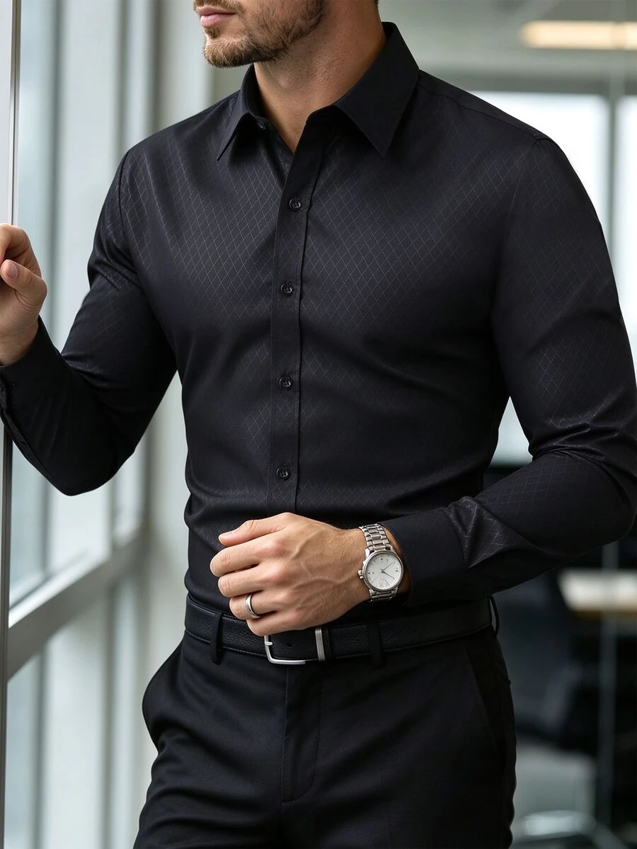 Calvornis Men's Plaid Single-Breasted Casual Commute Long Sleeve Shirt, Formal, Old Money - Black - View 1