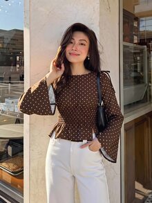 Serisse Women's Polka Dot Pattern Bell Sleeve Knot Round Neck Ruffle Hem Blouse - Brown - View 1
