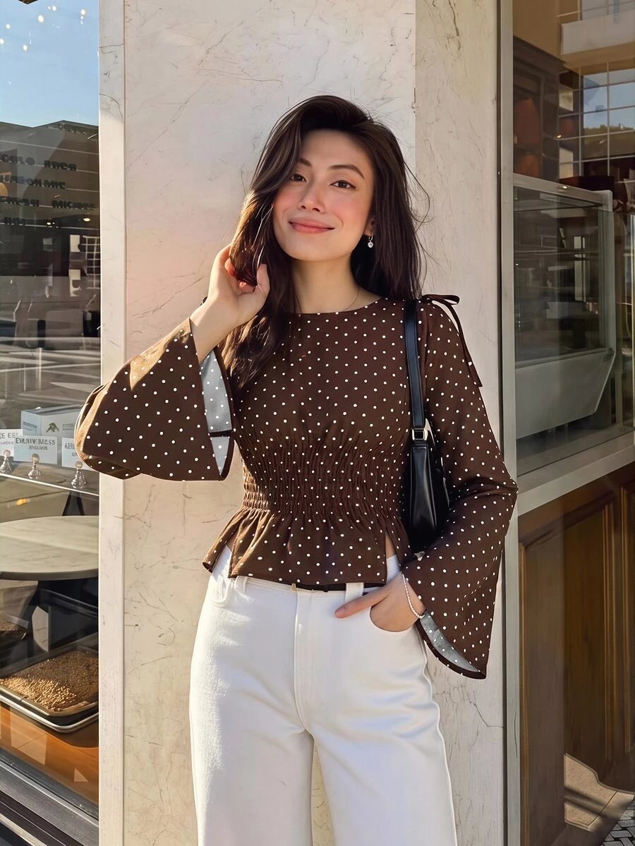 Serisse Women's Polka Dot Pattern Bell Sleeve Knot Round Neck Ruffle Hem Blouse - Brown - View 1