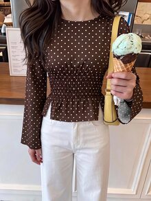 Serisse Women's Polka Dot Pattern Bell Sleeve Knot Round Neck Ruffle Hem Blouse - Brown - View 5