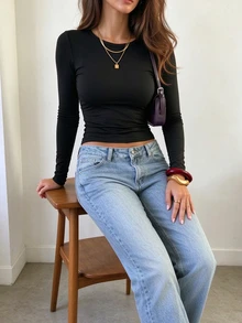 INAWLY Women's Solid Color Round Neck Long Sleeve Slim Fit Casual Versatile T-Shirt - Black - View 5