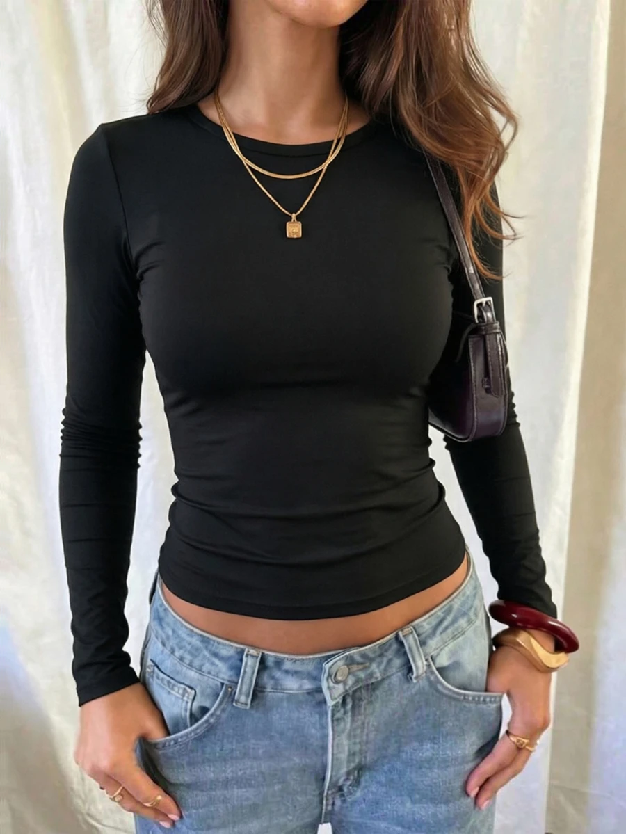 INAWLY Women's Solid Color Round Neck Long Sleeve Slim Fit Casual Versatile T-Shirt - Black - View 1