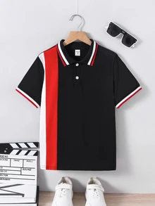 SHEIN Teen Boys' Casual Striped & Color Block Knit Loose Polo Shirt, Teen Boy - Multicolor - View 9